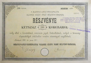 Budapest-jpest-Rkospalotai Villamos Kzti Vast Rszvnytrsasg rszvny 200 korona 1917