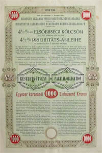 Budapesti Villamos Vrosi Vast Rszvnytrsasg ktvny 1000 korona 1908