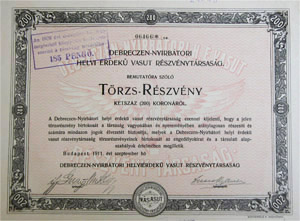 Debreczen-Nyrbtori Helyi rdek Vast Rszvnytrsasg trzsrszvny 200 korona 1911