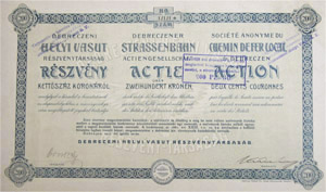 Debreczeni Helyi Vast Rszvnytrsasg rszvny 200 korona 1911 Debrecen
