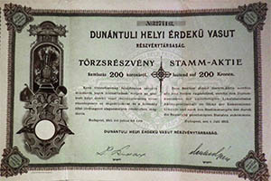 Dunntli Helyi rdek Vast Rszvnytrsasg trzsrszvny 200 korona 1913