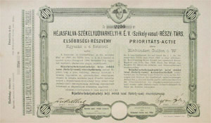 Hjasfalva - Szkelyudvarhelyi Helyi rdek Vast Rszvnytrsasg 100 forint 1894