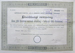 Kaposvr-Fonydi Helyi rdek Vast Rszvnytrsasg elsbbsgi rszvny 100 forint 1896