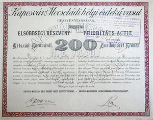 Kaposvr-Mocsoldi Helyi rdek Vast Rszvnytrsasg elsbbsgi rszvny 200 korona 1894