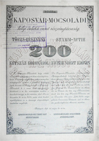 Kaposvr-Mocsoldi Helyi rdek Vast Rszvnytrsasg trzsrszvny 200 korona 1894