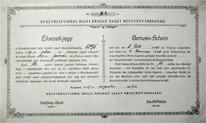 Keszthelyvidki Helyi rdek Vast Rszvnytrsasg lvezeti jegy 1907