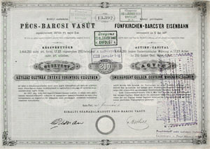 Kirlyi Szabadalmazott Pcs-Barcsi Vast Rszvnytrsasg rszvny 200 forint 1868