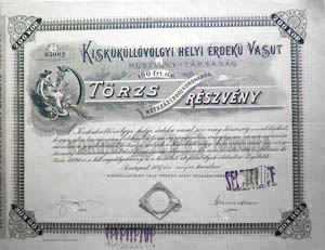 Kiskkllvlgyi Helyi rdek Vast Rszvnytrsasg trzsrszvny 100 forint 1897