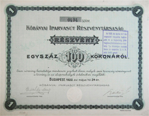 Kbnyai Iparvast Rszvnytrsasg rszvny 100 korona 1922