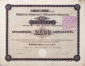 Kbnyai Iparvast Rszvnytrsasg rszvny 25x100 2500 korona 1922