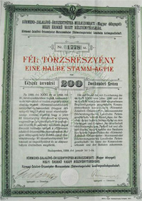 Krmend-Zalalv-riszentpter-Muraszombati (Magyar Dlnyugoti) Helyi rdek Vast Rszvnytrsasg fl trzsrszvny 200 korona 1906
