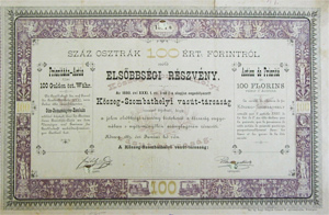 Kszeg-Szombathelyi Vast Trsasg elsbbsgi rszvny 100 forint 1883 Kszeg