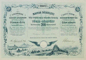 Magyar Dlkeleti Helyi rdek Vast Rszvnytrsasg trzsrszvny 200 korona 1895