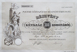 Magyar Gzhajzsi Rszvnytrsasg rszvny 200 korona 1893 Gyr