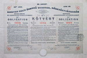 Magyar Helyi rdek vasutak Rszvnytrsasg 4% ktvny 1000 korona 1902