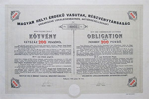 Magyar Helyi rdek vasutak Rszvnytrsasg 4% ktvny 200 peng 1928