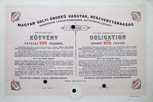 Magyar Helyi rdek vasutak Rszvnytrsasg 5% ktvny 200 peng 1928
