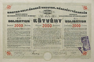 Magyar Helyi rdek vasutak Rszvnytrsasg 4,5% ktvny 2000 korona 1893