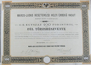 Maros-Ludas Besztercei Helyi rdek Vast Rszvnytrsasg fl trzsrszvny 200 forint 1886 Kolozsvr