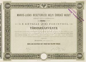 Maros-Ludas Besztercei Helyi rdek Vast Rszvnytrsasg trzsrszvny 200 forint 1886 Kolozsvr