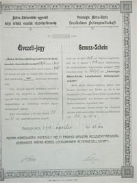 Mtra-Krsvidki Egyeslt Helyi rdek Vast Rszvnytrsasg lvezeti jegy 1908