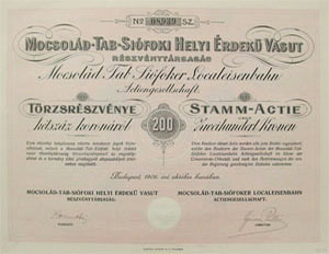 Mocsold-Tab-Sfoki Helyi rdek Vast Rszvnytrsasg trzsrszvny 200 korona 1906