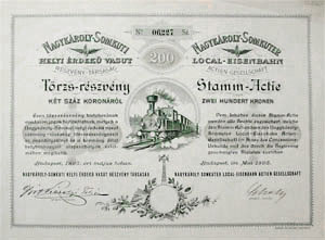 Nagykroly-Somkuti Helyi rdek Vast Rszvnytrsasg trzsrszvny 200 korona 1895