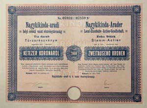 Nagykikinda-Aradi Helyi rdek Vast Rszvnytrsasg trzsrszvny 2000 korona 1908