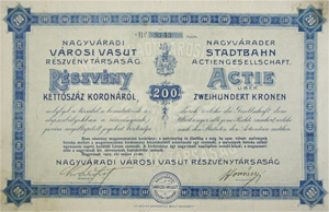 Nagyvradi Vrosi Vast Rszvnytrsasg rszvny 200 korona 1905 Nagyvrad