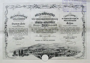Pcs-Btaszki Helyi rdek Vast Rszvnytrsasg trzsrszvny 5000 korona 1911 Pcs