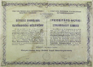 Pstyn-Verbi Helyi rdek Vast Rszvnytrsasg elsbbsgi rszvny 200 korona 1913
