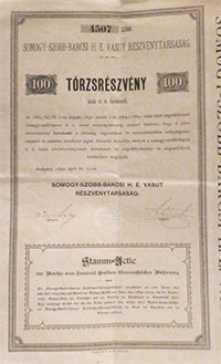 Somogy-Szobb-Barcsi Helyi rdek Vast Rszvnytrsasg trzsrszvny 100 forint 1890