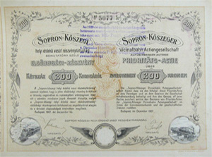 Sopron-Kszegi Helyi rdek Vast Rszvnytrsasg elsbbsgi rszvny 200 korona 1907