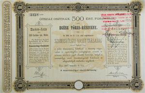 Szamosvlgyi Vast Rszvnytrsasg egsz trzsrszvny 500 forint 1889 Des