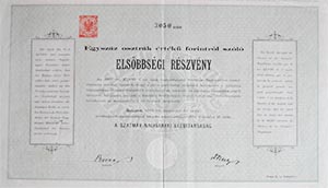 Szatmr-Nagybnyai Vasttrsasg elsbbsgi rszvny 100 forint 1883