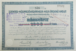 Szentes-Hdmezvsrhelyi Helyi rdek Vast Rszvnytrsasg rszvny 1000 korona 1922 Szentes