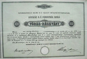 Szombathely-Rumi Helyi rdek Vast Rszvnytrsasg trzsrszvny 100 forint 1894