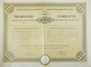 Taraczvlgyi Helyi rdek Vast Rszvnytrsasg trzsrszvny 200 forint 1886