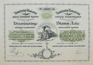 Temesvr-Varjasi Helyi rdek Vast Rszvnytrsasg trzsrszvny 200 korona 1907