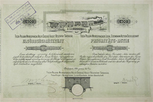 Tiszapolgr-Nyregyhzai Helyi rdek Vast Rszvnytrsasg elsbbsgi rszvny 400 korona 1896