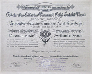 Tketerebes-Glszcs-Varanni Helyi rdek Vast Rszvnytrsasg trzsrszvny 200 korona 1903