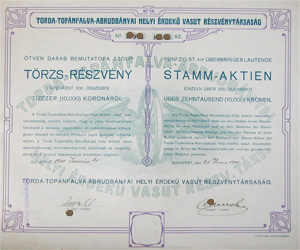 Torda-Topnfalva-Abrudbnyai Helyi rdek Vast Rszvnytrsasg trzsrszvny 50x200 10000 korona 1911