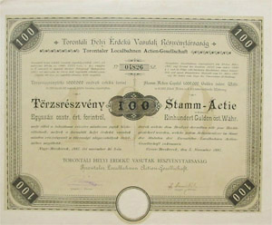 Torontli Helyi rdek Vasutak Rszvnytrsasg trzsrszvny 100 forint 1887