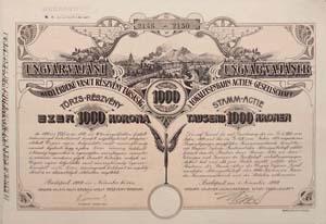 Ungvr-Vajni Helyi rdek Vast Rszvnytrsasg trzs-rszvny 1000 korona 1909