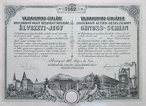Vajdahunyad-Gyalri Helyi rdek Vast Rszvnytrsasg lvezeti-jegy 200 korona 1907