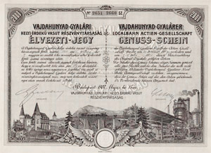 Vajdahunyad-Gyalri Helyi rdek Vast Rszvnytrsasg lvezeti-jegy 2000 korona 1907