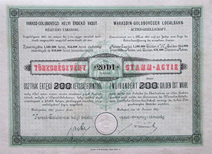 Varasd-Goluboveczi Helyi rdek Vast Rszvnytrsasg trzsrszvny 200 forint 1889