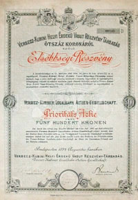 Versecz-Kubini Helyi rdek Vast Rszvnytrsasg rszvny 500 korona 1894