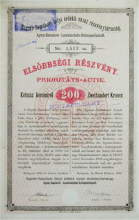 Zgrb-Samobori Helyi rdek Vast Rszvnytrsasg elsbbsgi rszvny 200 korona 1900
