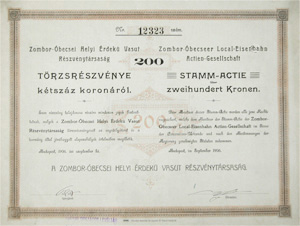 Zombor-becsei Helyi rdek Vast Rszvnytrsasg trzsrszvny 200 korona 1906